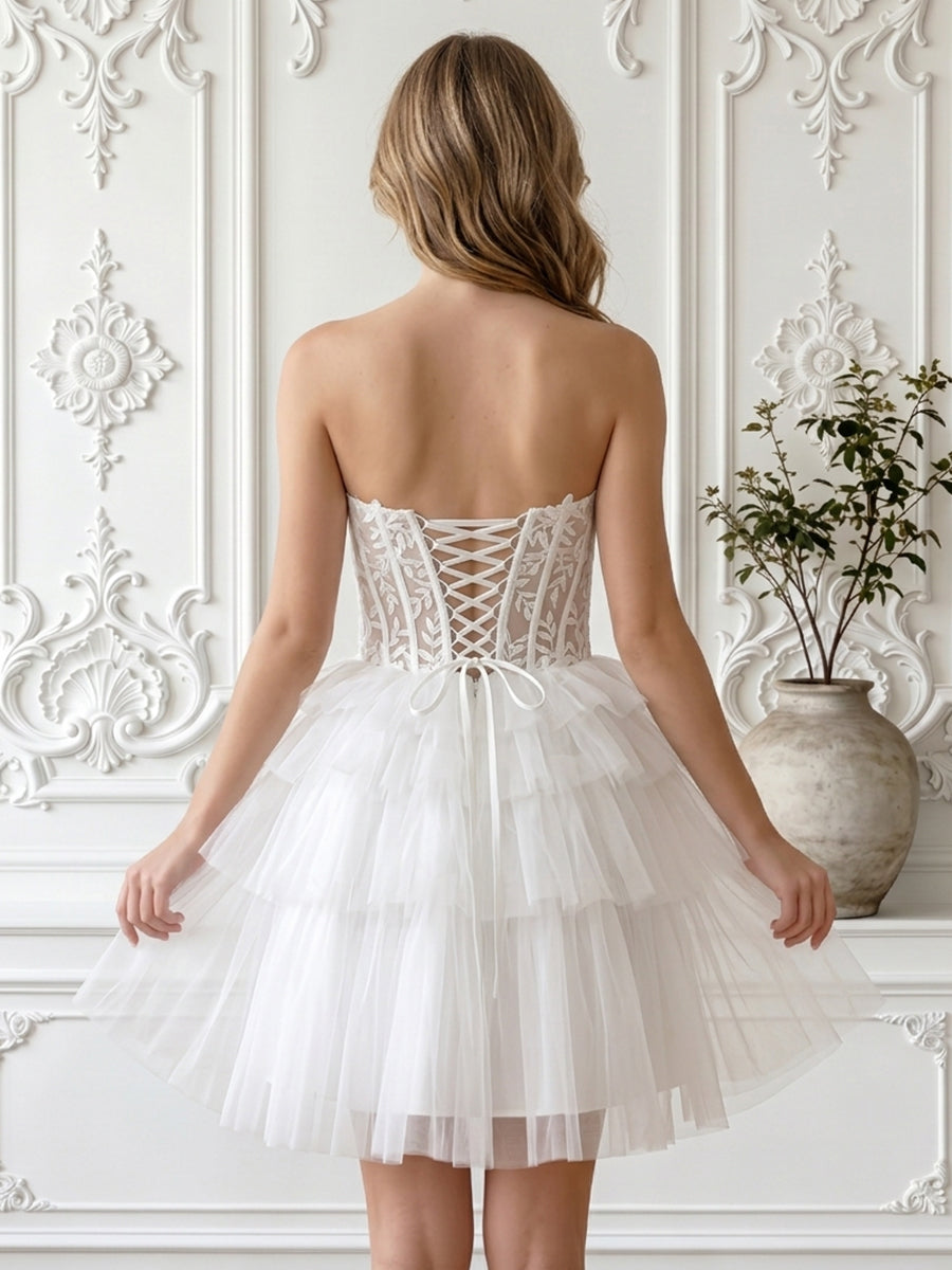 Strapless A Line Tiered Tulle Sleeveless Short Homecoming Dresses