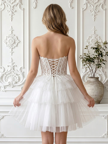 Strapless A Line Tiered Tulle Sleeveless Short Homecoming Dresses