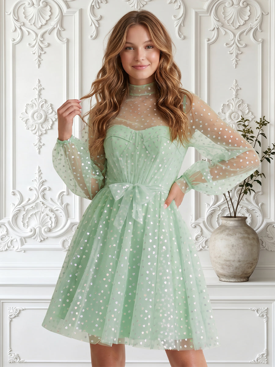 Long Sleeves A Line Tulle High Neck Short Homecoming Dresses