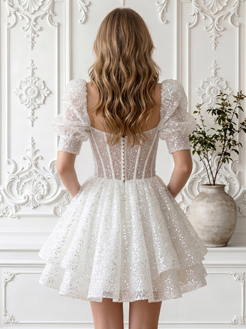 Puffy Sleeves A Line Tulle Short Homecoming Dresses with Pockets