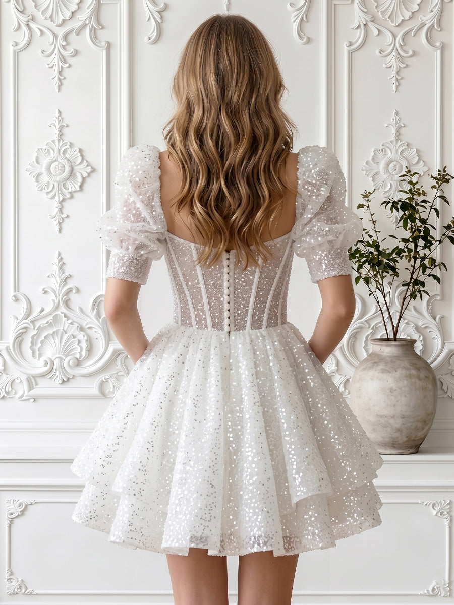 Puffy Sleeves A Line Tulle Short Homecoming Dresses with Pockets