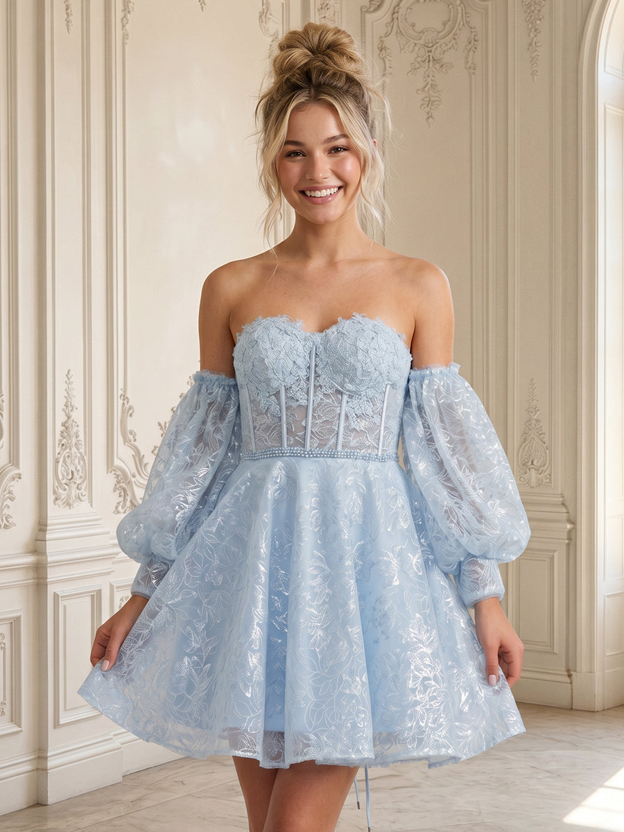 Lace Appliques Puffy Sleeves Strapless A Line Tulle Short Homecoming Dresses
