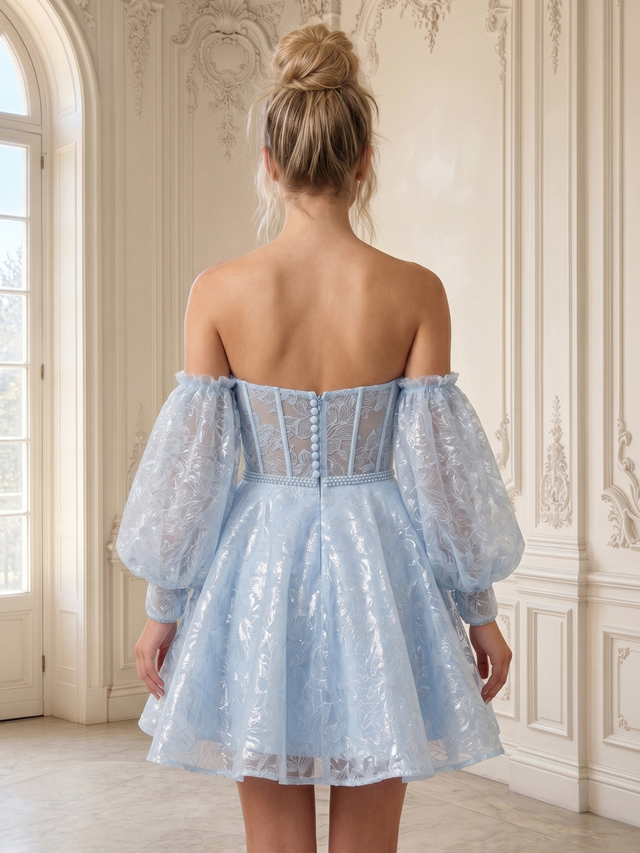 Lace Appliques Puffy Sleeves Strapless A Line Tulle Short Homecoming Dresses