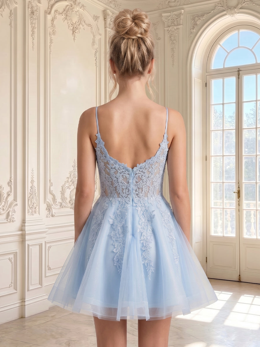 V Neck A Line Lace Appliques Tulle Sleeveless Short Homecoming Dresses