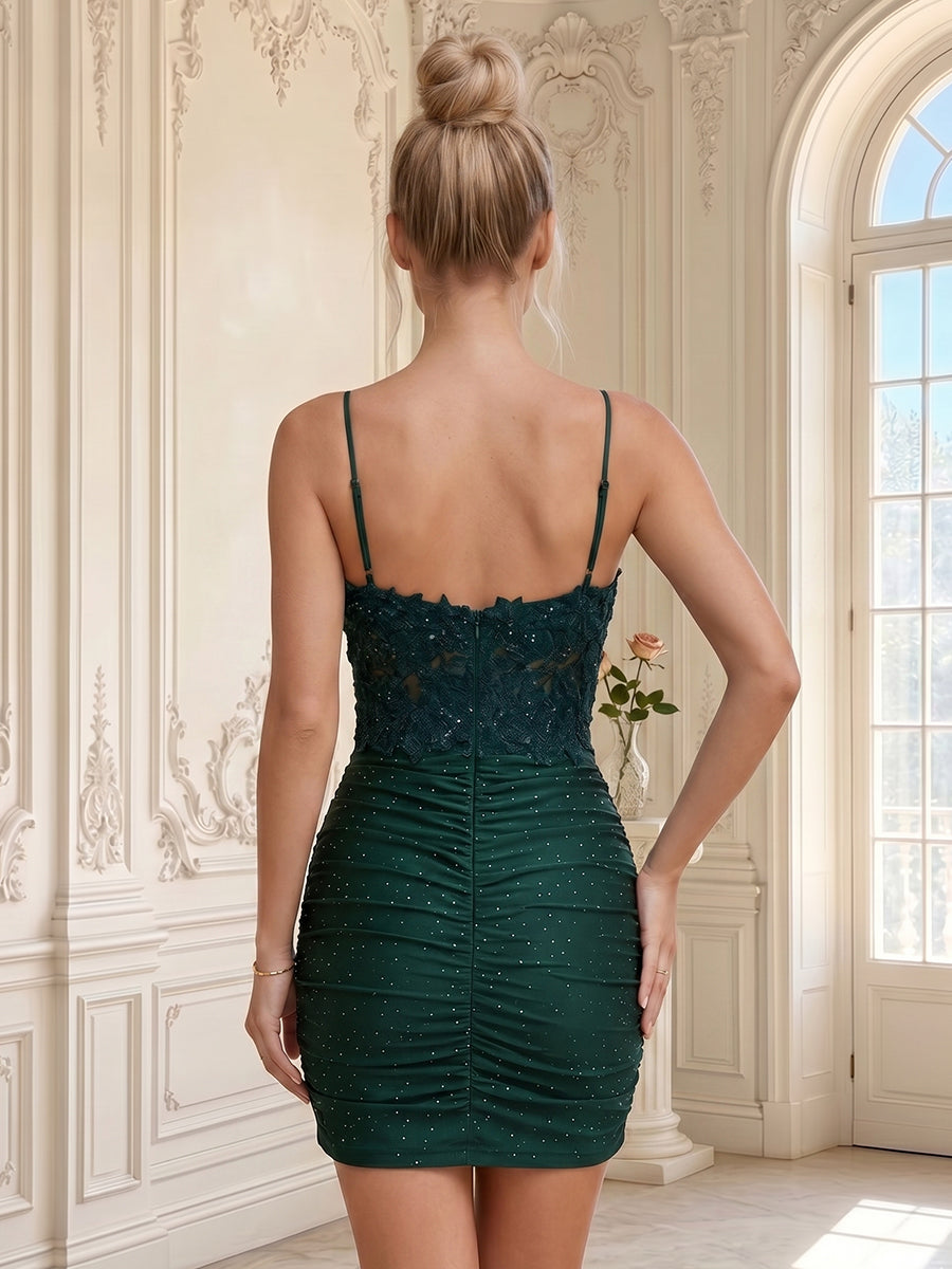 Lace Appliques Boat Neck Sheath Spaghetti Straps Short Homecoming Dresses