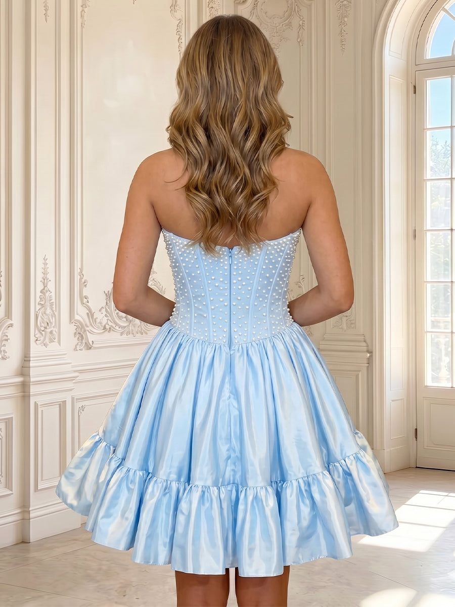 A Line Satin Strapless Sleeveless Rhinestone Short Homecoming Dresses