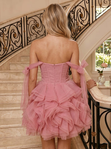 A Line Tulle Off the Shoulder Sleeveless Corset Short Homecoming Dresses