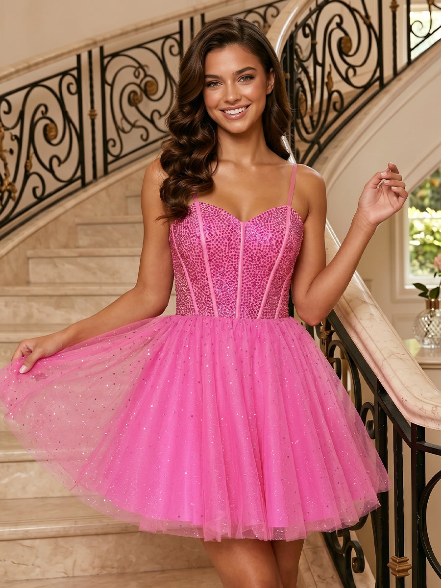A Line Tulle Sweetheart Sleeveless Corset Short Homecoming Dresses