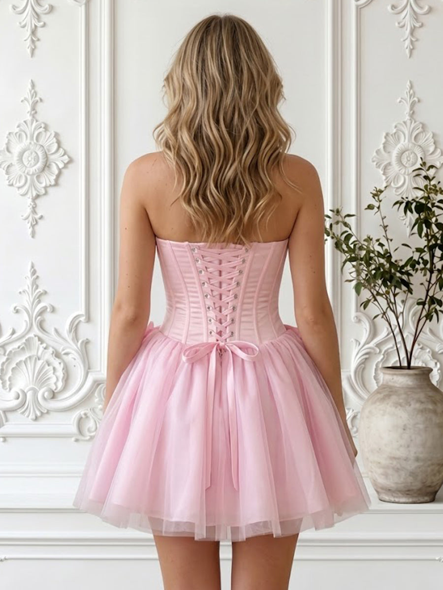A Line Satin Strapless Sleeveless Corset Short Homecoming Dresses