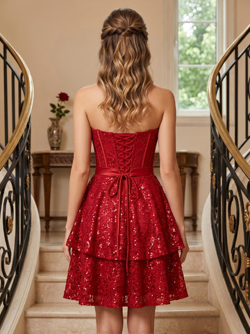 A Line Sequins Sweetheart Sleeveless Tiered Short Homecoming Dresses