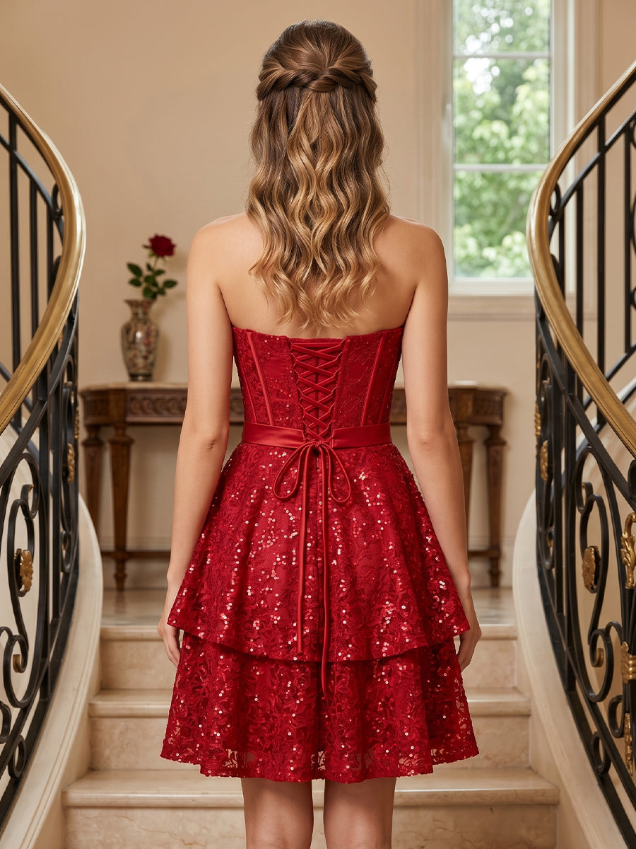 A Line Sequins Sweetheart Sleeveless Tiered Short Homecoming Dresses