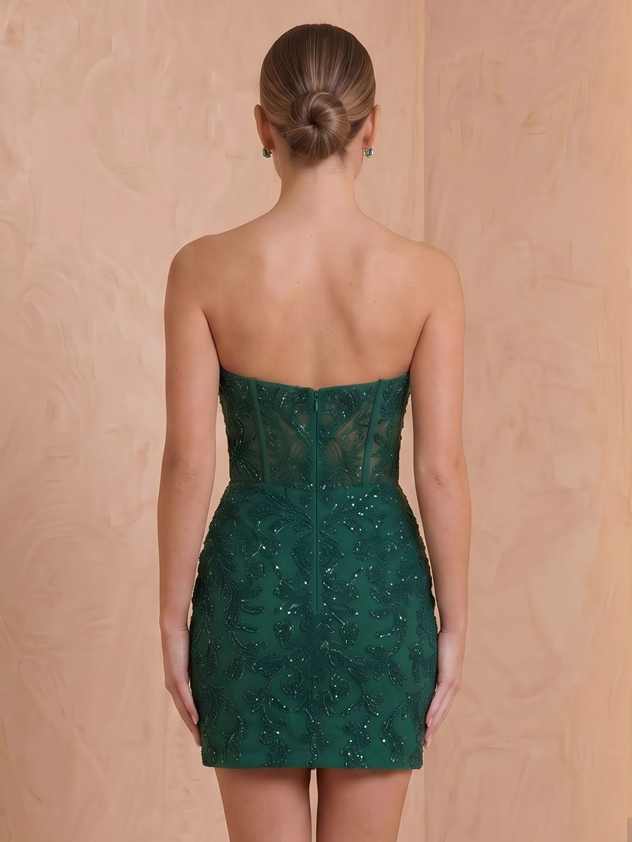Sheath Strapless Satin Sleeveless Lace Applique Short Homecoming Dresses