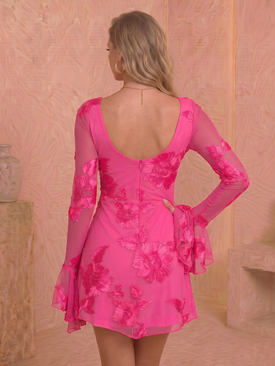 Sheath Chiffon High Neck Jacquard Long Sleeves Short Homecoming Dresses