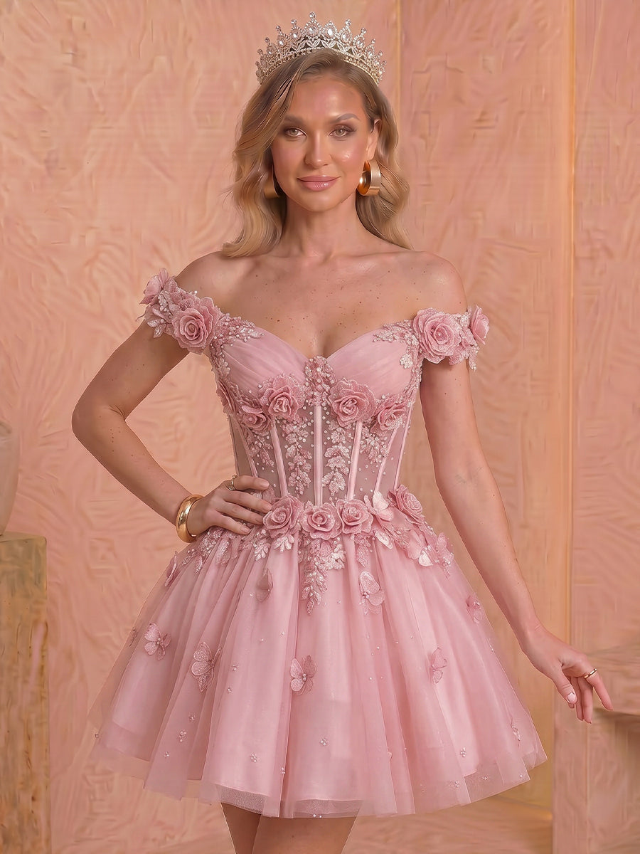 A Line Tulle Off the Shoulder Lace Applique Sleeveless Short Homecoming Dresses