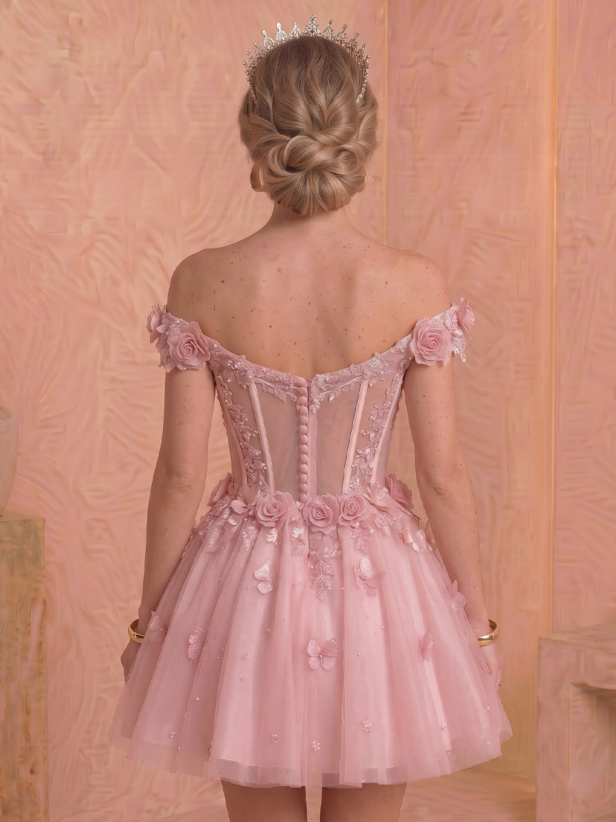 A Line Tulle Off the Shoulder Lace Applique Sleeveless Short Homecoming Dresses