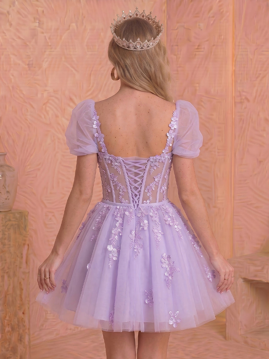 A Line Tulle Sweetheart Lace Applique Sleeveless Short Homecoming Dresses