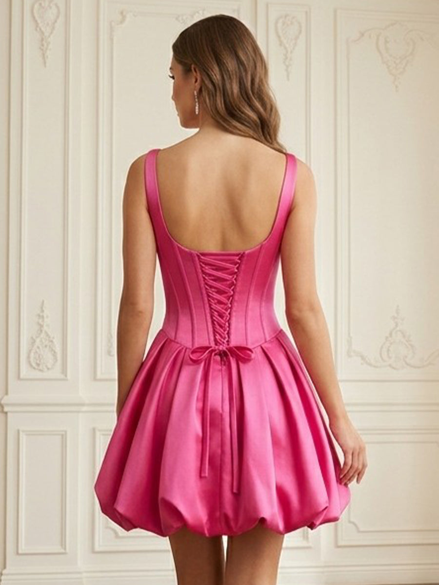 Satin A Line V Neck Corset Bud Spaghetti Straps Short Homecoming Dresses