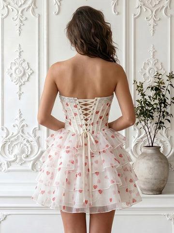 Sweetheart Tiered Tulle Red Dot Short Homecoming Dresses