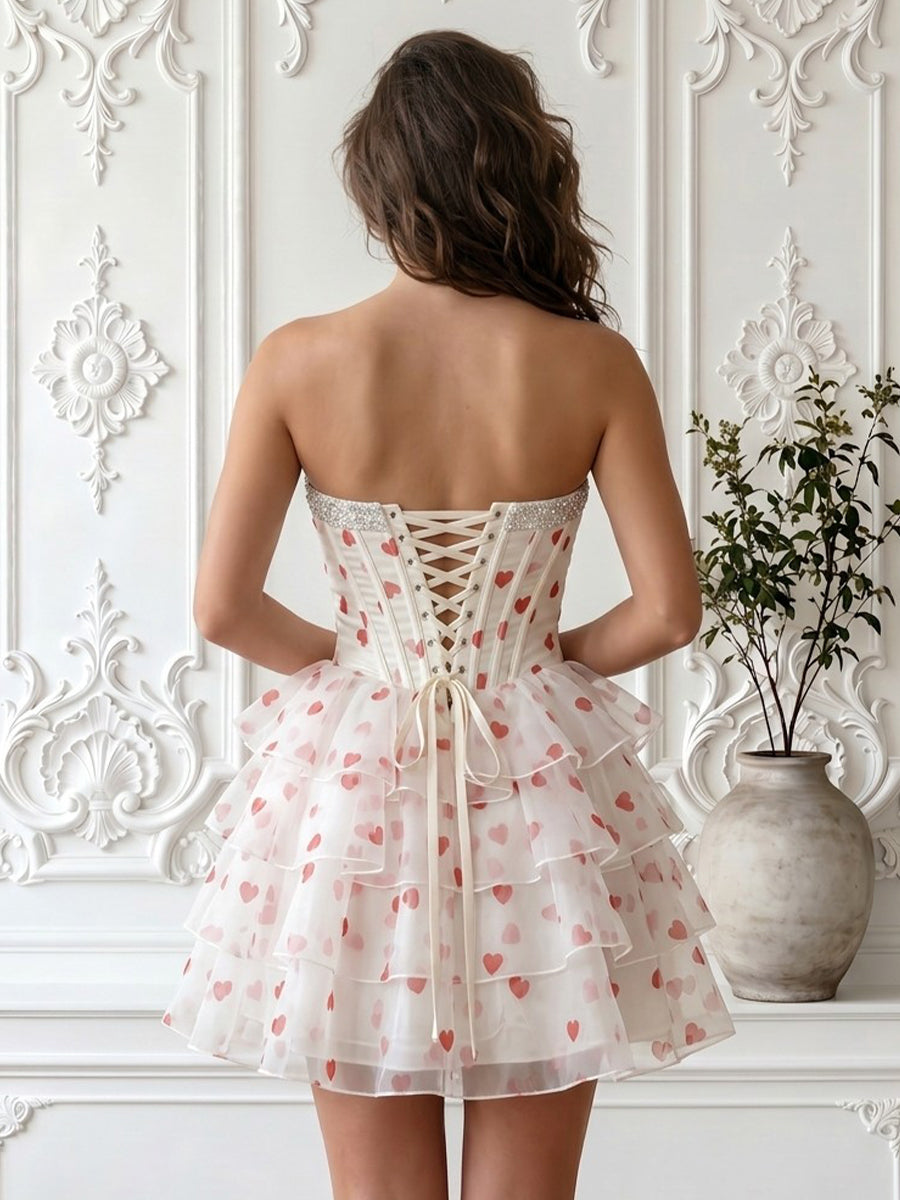 Sweetheart Tiered Tulle Red Dot Short Homecoming Dresses