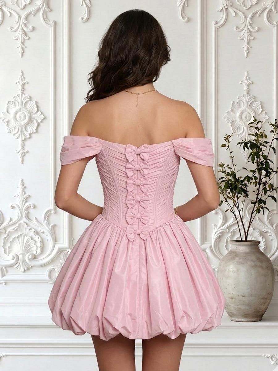 Satin Off Shoulder Spaghetti Straps Short Homecoming Dresses with Bow