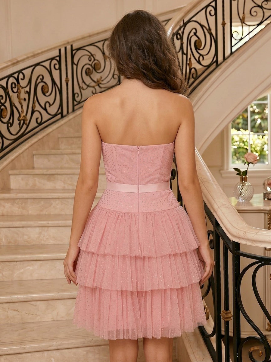 A Line Tulle Strapless Sleeveless Tiered Short Homecoming Dresses