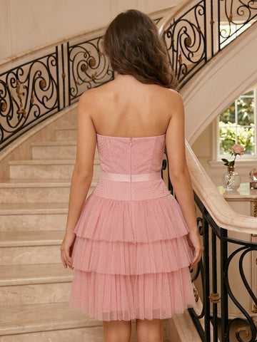 A Line Tulle Strapless Sleeveless Tiered Short Homecoming Dresses