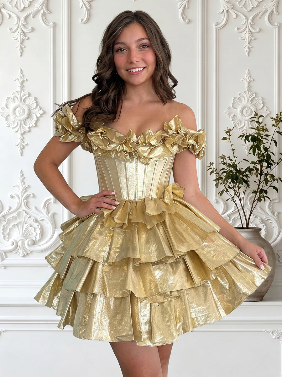 A Line Satin Off the Shoulder Sleeveless Tiered Short Homecoming Dresses