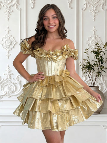 A Line Satin Off the Shoulder Sleeveless Tiered Short Homecoming Dresses