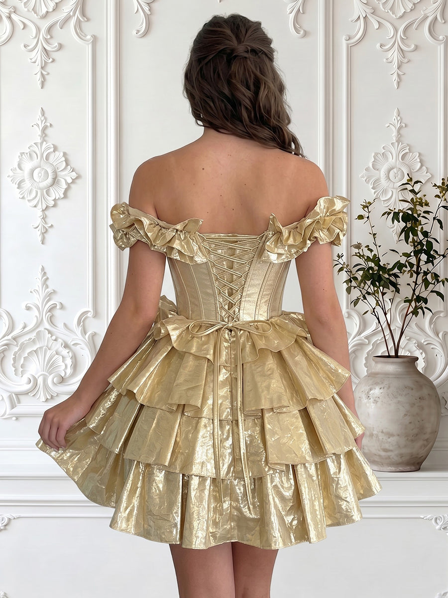 A Line Satin Off the Shoulder Sleeveless Tiered Short Homecoming Dresses