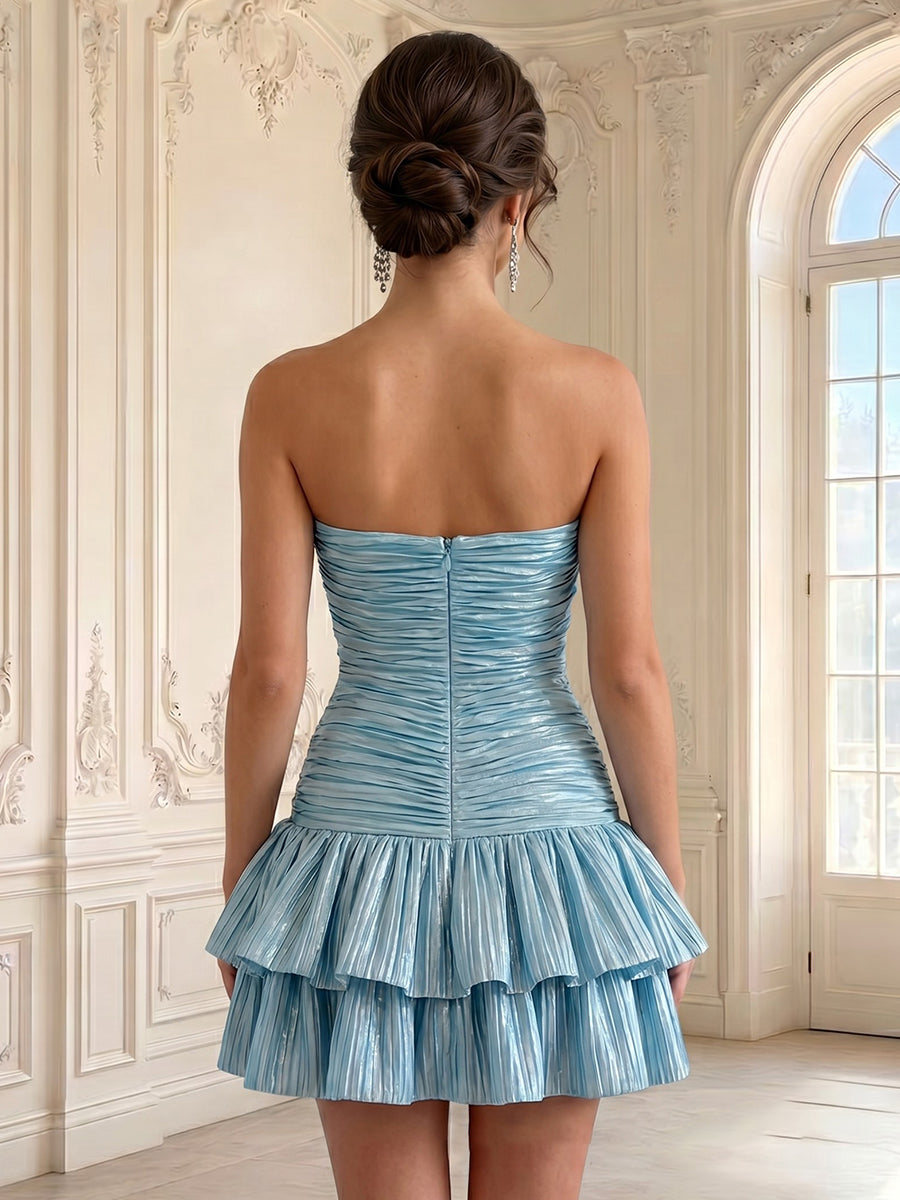 A Line Satin Strapless Sleeveless Tiered Short Homecoming Dresses