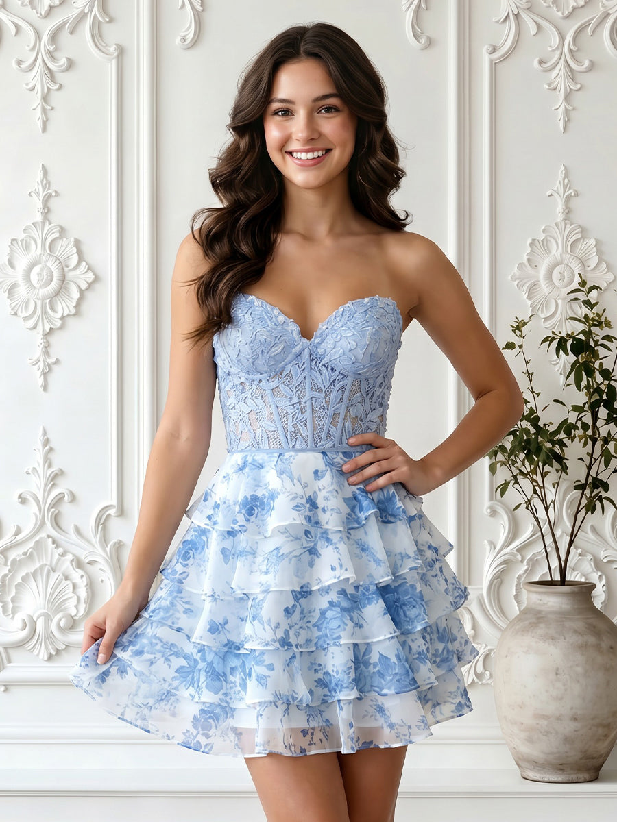Chiffon A Line Sweetheart Sleeveless Lace Applique Short Homecoming Dresses