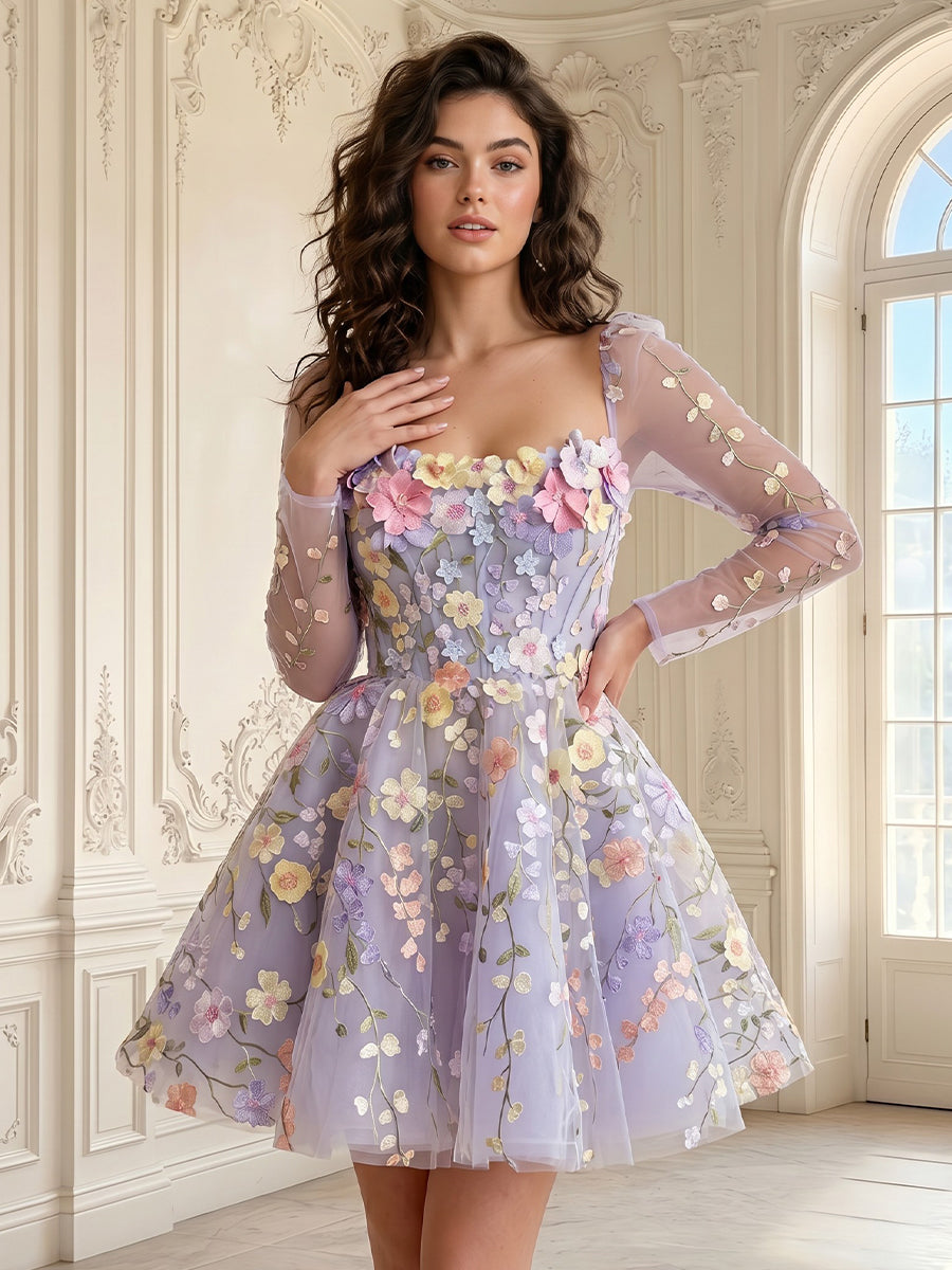 Square Neck A Line Tulle Long Sleeves Lace Applique Short Homecoming Dresses