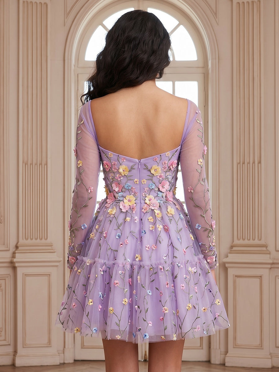 Square Neck A Line Tulle Long Sleeves Lace Applique Short Homecoming Dresses