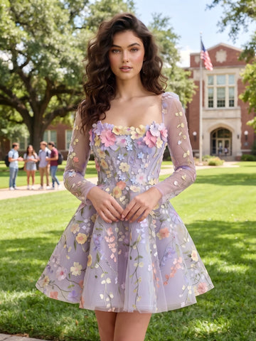 Square Neck A Line Tulle Long Sleeves Lace Applique Short Homecoming Dresses