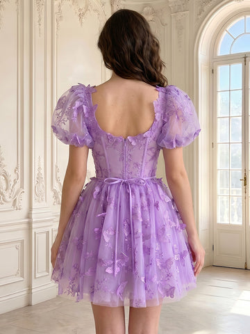 A Line Tulle Square Neck Sleeveless Lace Applique Short Homecoming Dresses