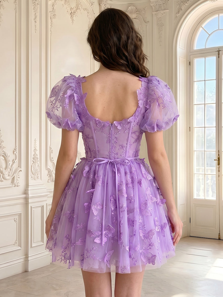 A Line Tulle Square Neck Sleeveless Lace Applique Short Homecoming Dresses