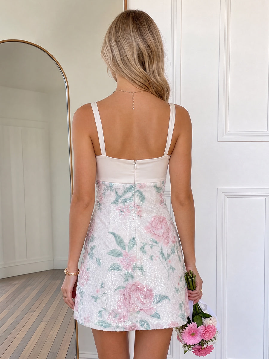 Spaghetti Straps Sheath Sequin Floral Short Homecoming Dresses