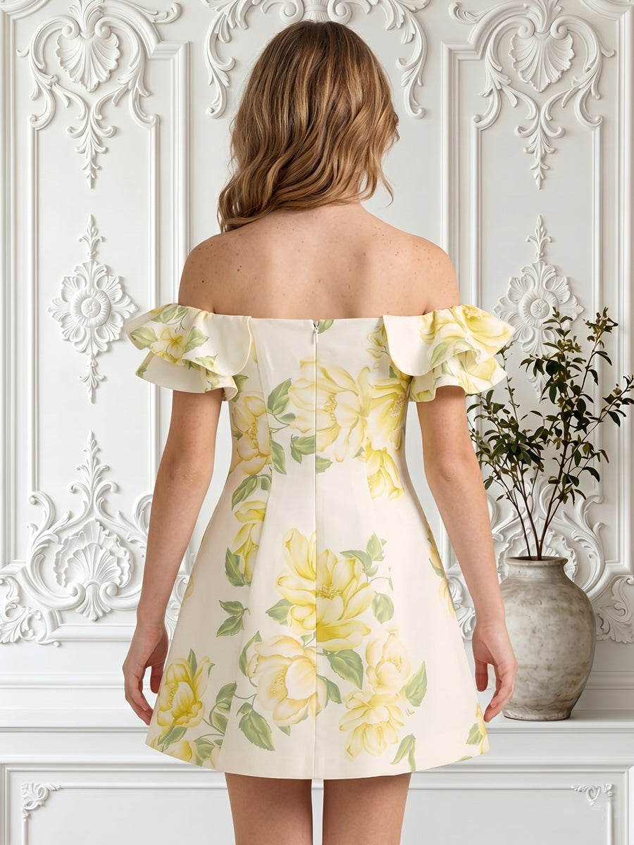 Off the Shoulder A Line Satin Sleeveless Floral Print Short Homecoming Dresses