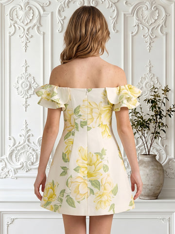 Off the Shoulder A Line Satin Sleeveless Floral Print Short Homecoming Dresses