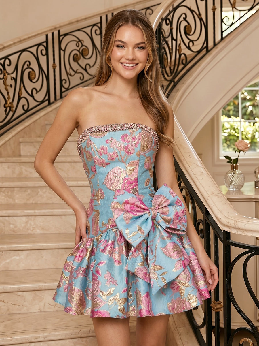 A Line Satin Strapless Sleeveless Jacquard Short Homecoming Dresses