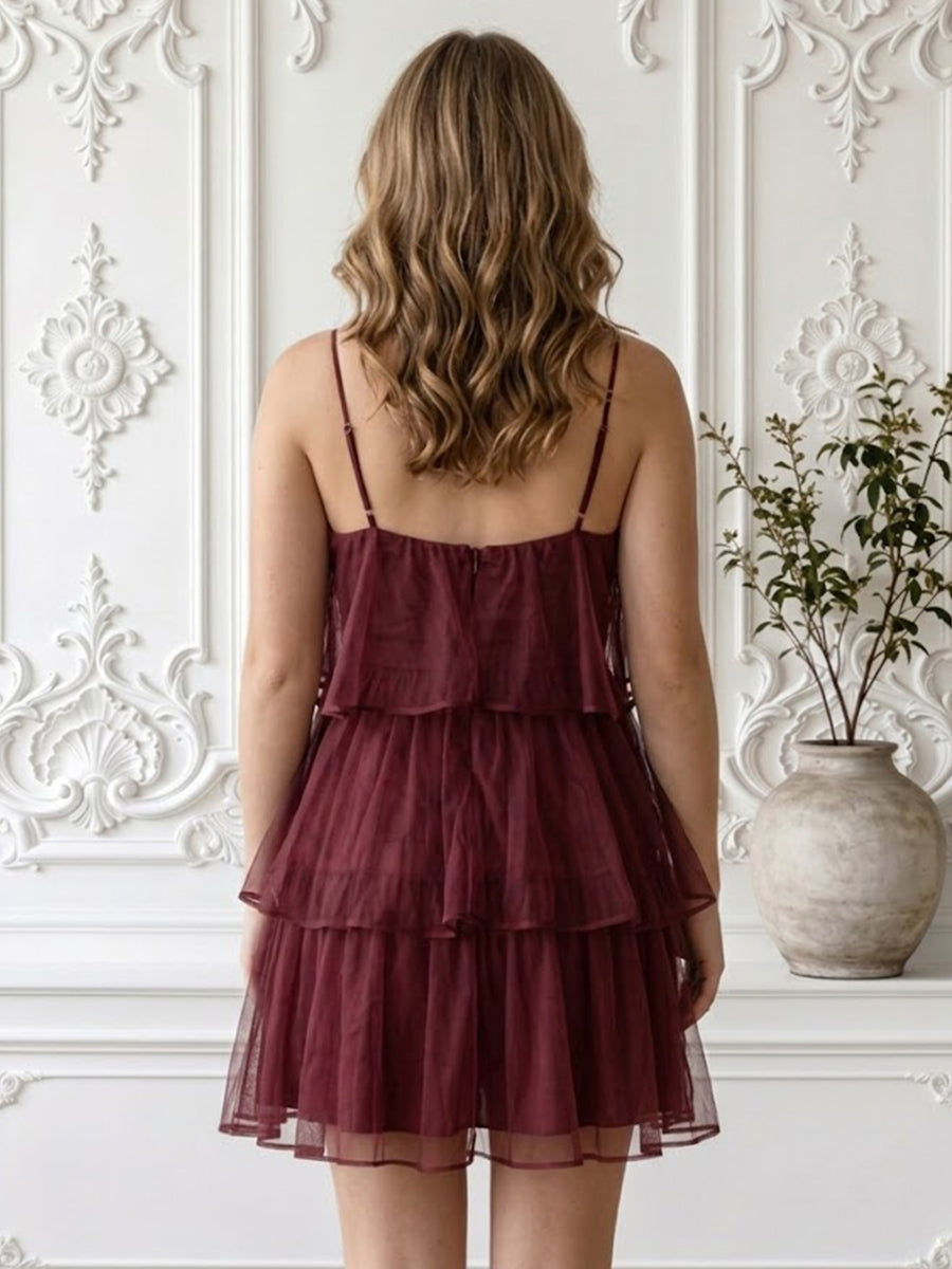 Tulle A Line V Neck Sleeveless Tiered Short Homecoming Dresses