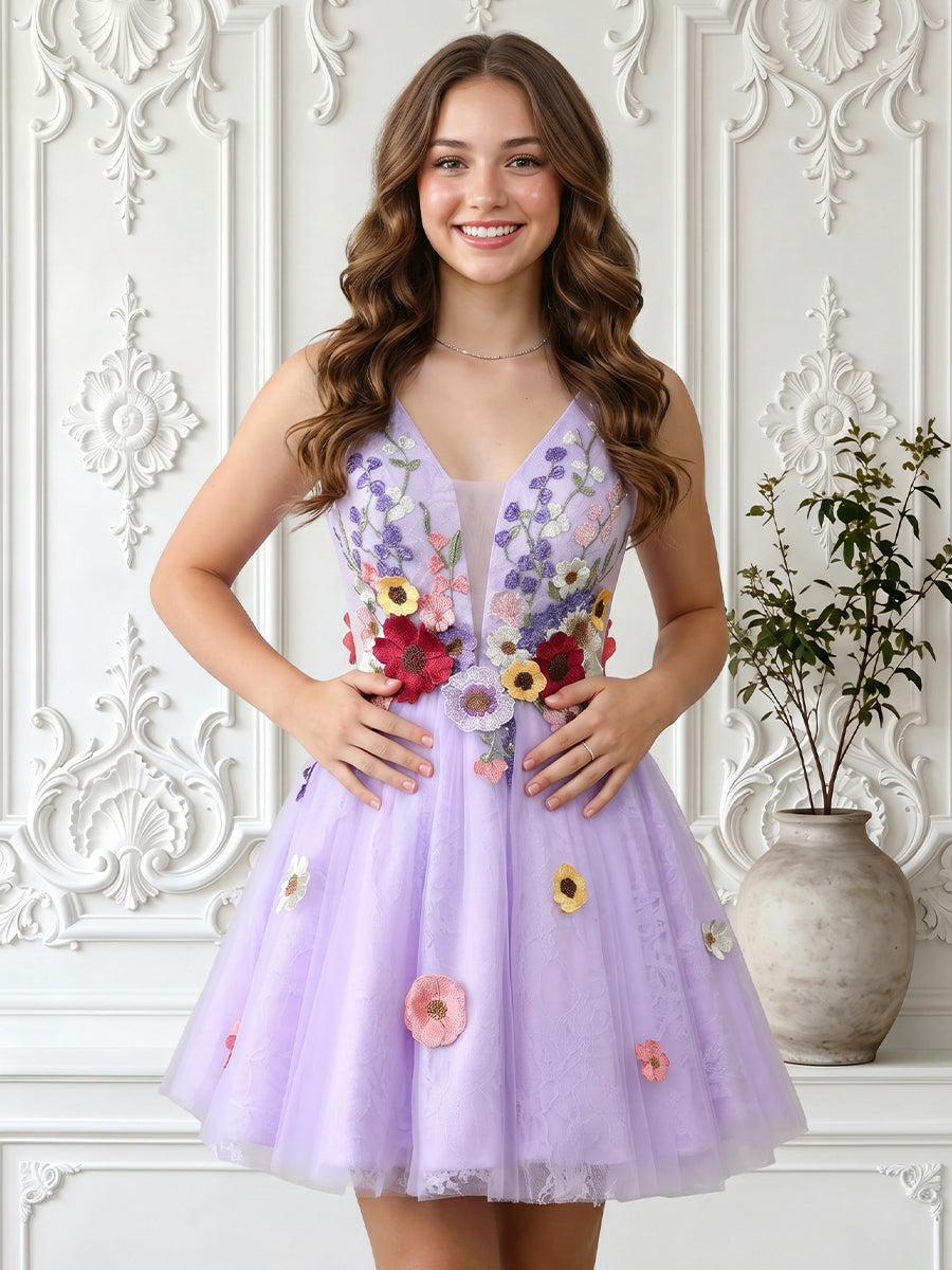 A Line Tulle Sweetheart Sleeveless Embroidery Short Homecoming Dresses