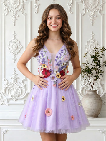A Line Tulle Sweetheart Sleeveless Embroidery Short Homecoming Dresses