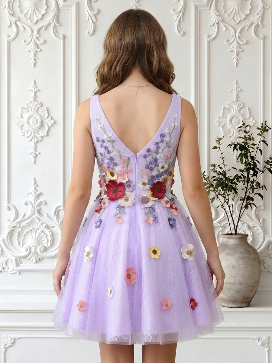 A Line Tulle Sweetheart Sleeveless Embroidery Short Homecoming Dresses