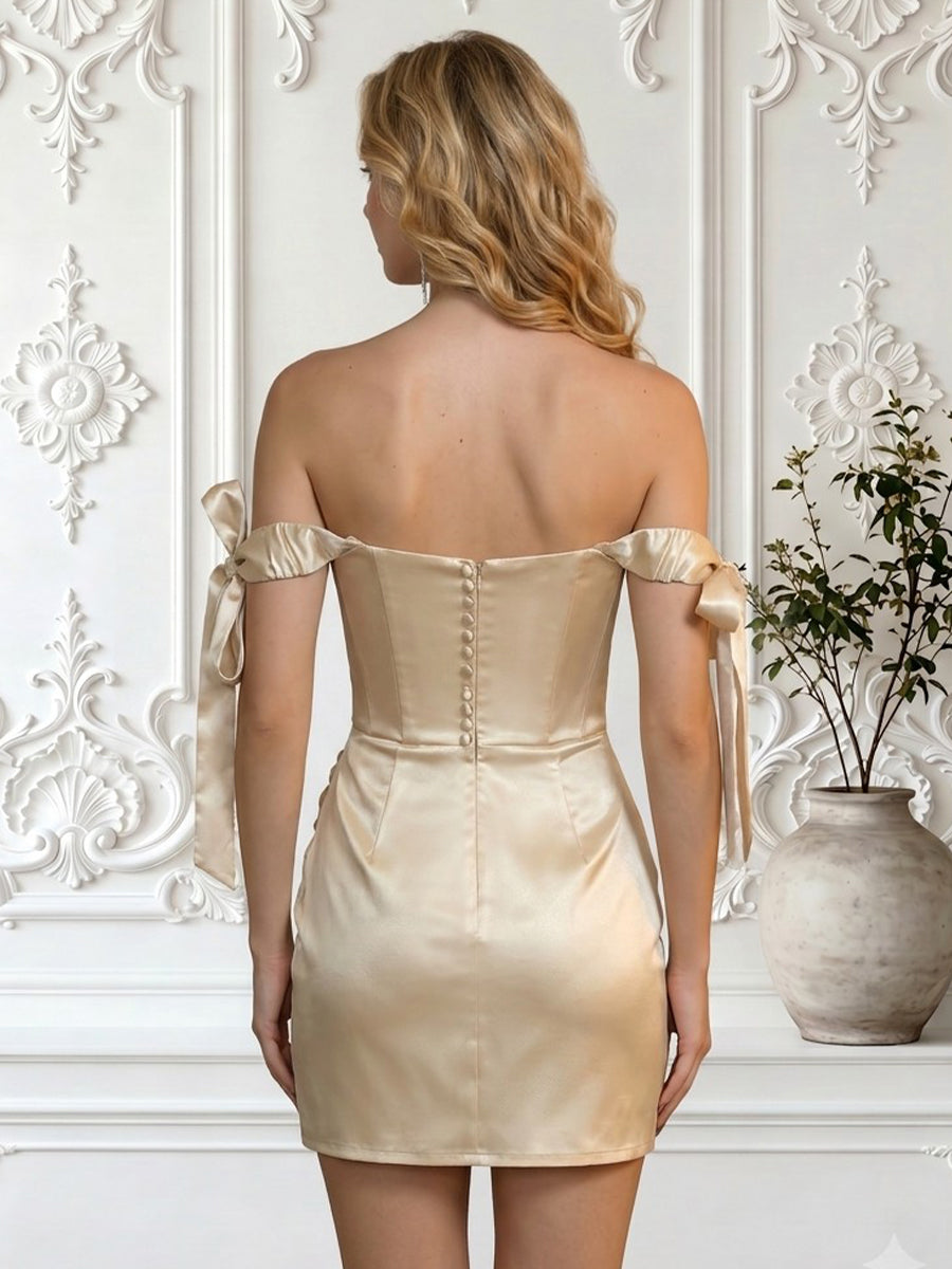Satin Sheath Off the Shoulder Sleeveless Corset Short Homecoming Dresses
