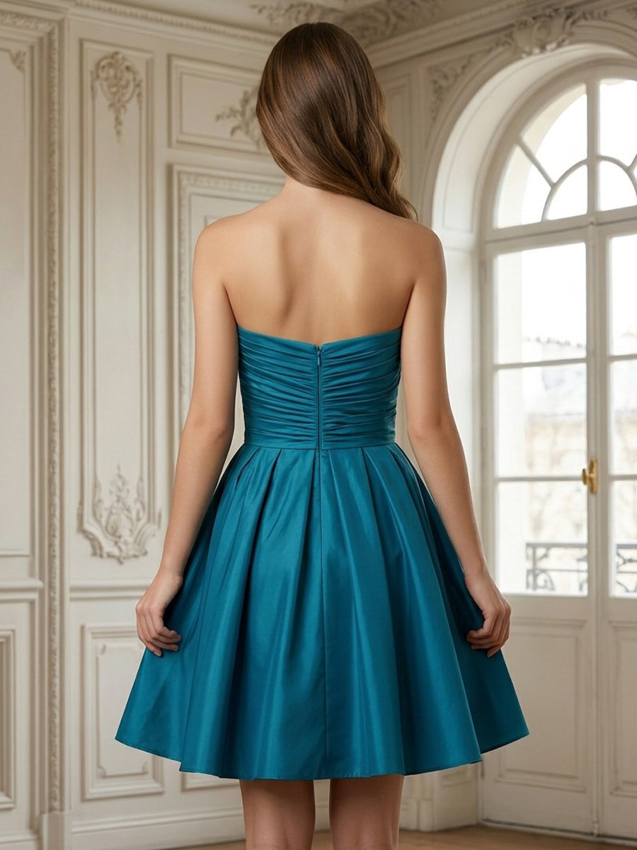 Satin A Line Strapless Sleeveless Short Homecoming Dresses