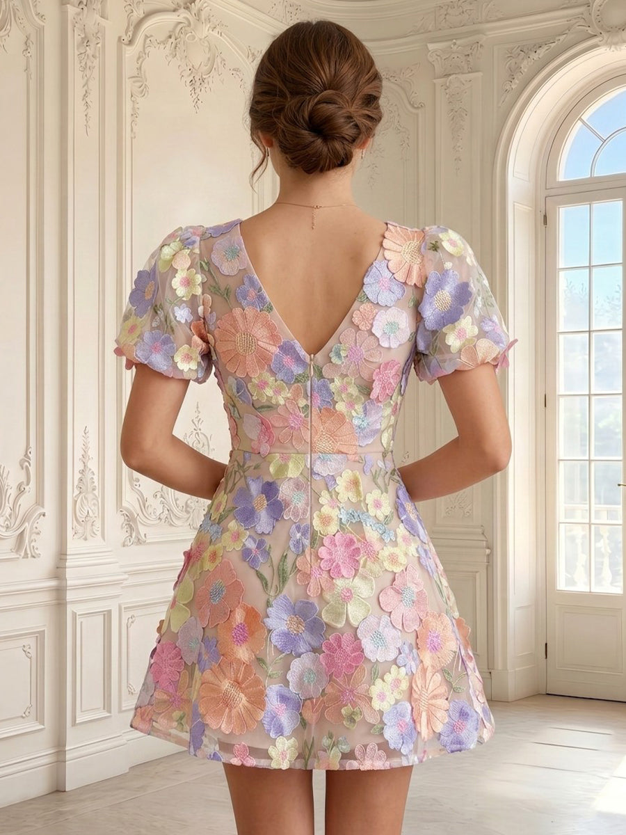 Tulle A Line V Neck Short Sleeves Embroidery Short Homecoming Dresses