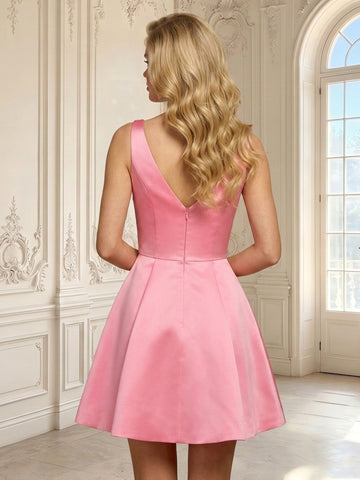 V Neck Satin Sleeveless A Line Short Homecoming Dresses