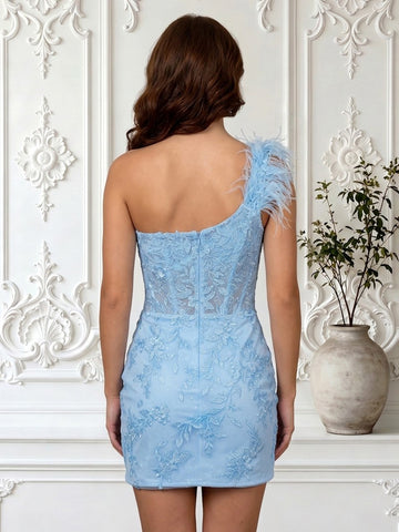 Lace Appliques Strapless One Shoulder Corset Sleeveless Short Homecoming Dresses