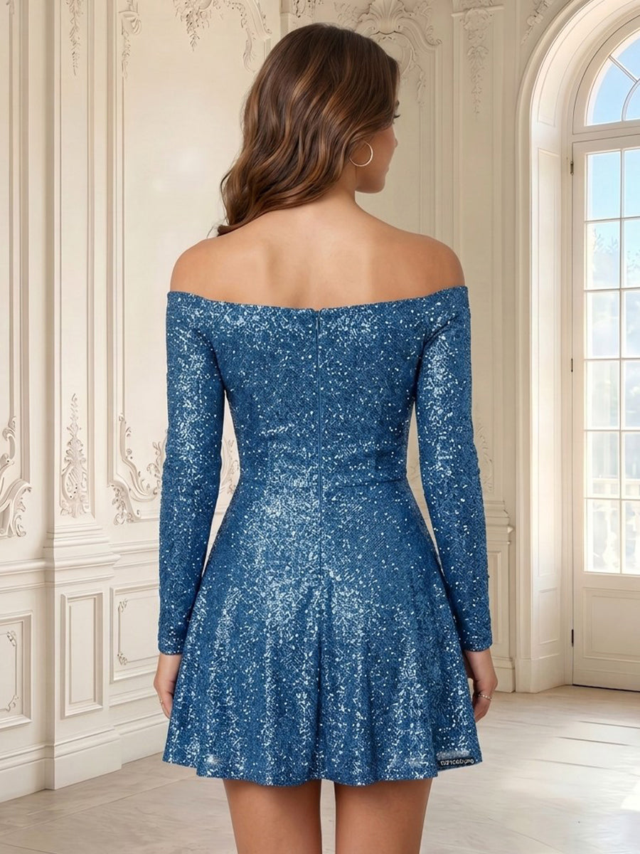 Sequin A Line Strapless Off Shoulder Long Sleeves Short Homecoming Dresses